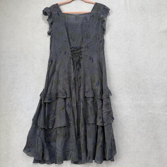 Color Me Cotton Dress Womens Small Gray Floral Fit Flare Midi Ruffle Layered USA - Picture 6 of 7